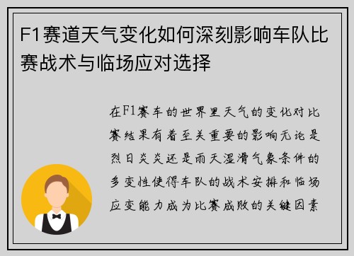 F1赛道天气变化如何深刻影响车队比赛战术与临场应对选择 F1赛道天气变化如何深刻影响车队比赛战术与临场应对选择