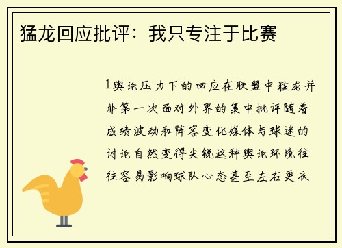 猛龙回应批评：我只专注于比赛
