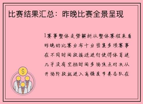 比赛结果汇总：昨晚比赛全景呈现